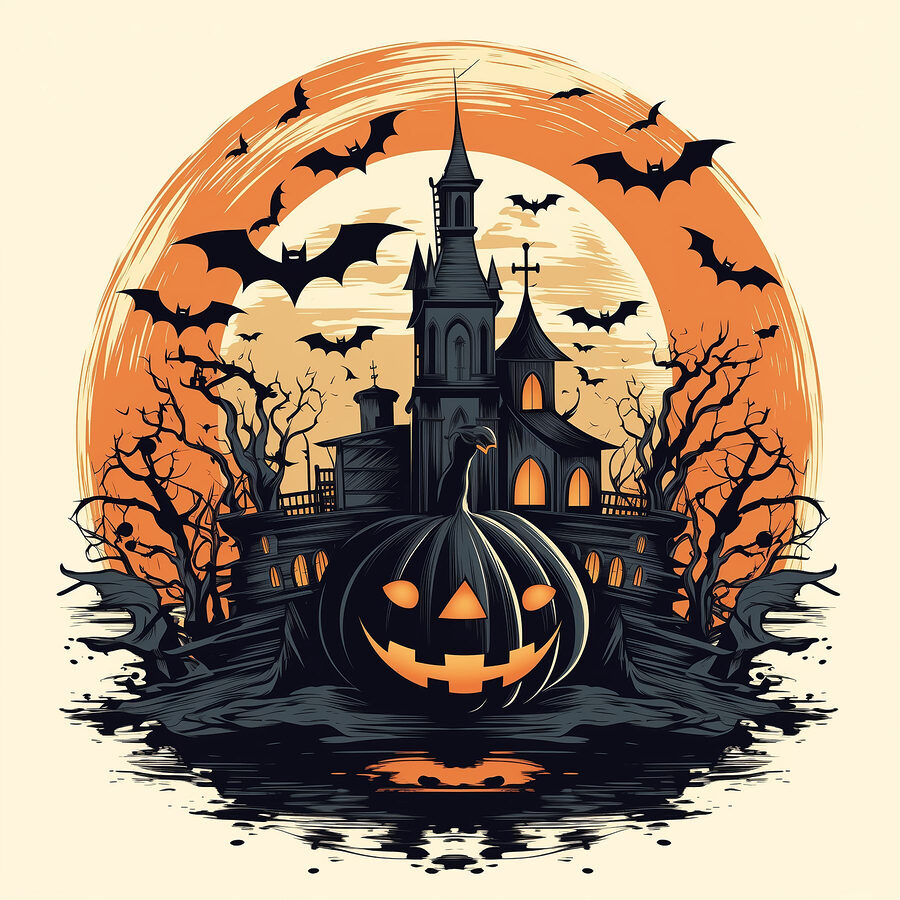 Citrouille et château avec chauves-souris