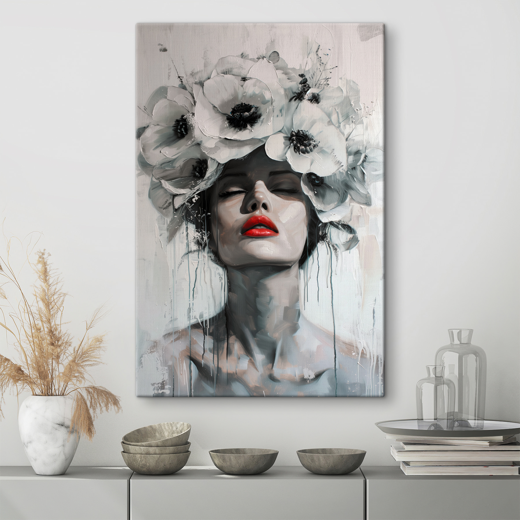 Painting of a woman with flowers on her head