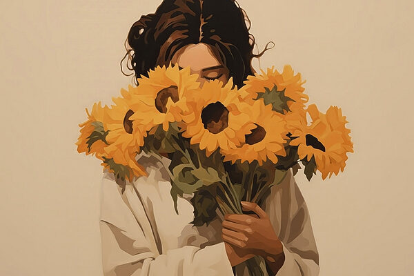 Femme tenant un bouquet de tournesols Femme tenant un bouquet de tournesols
