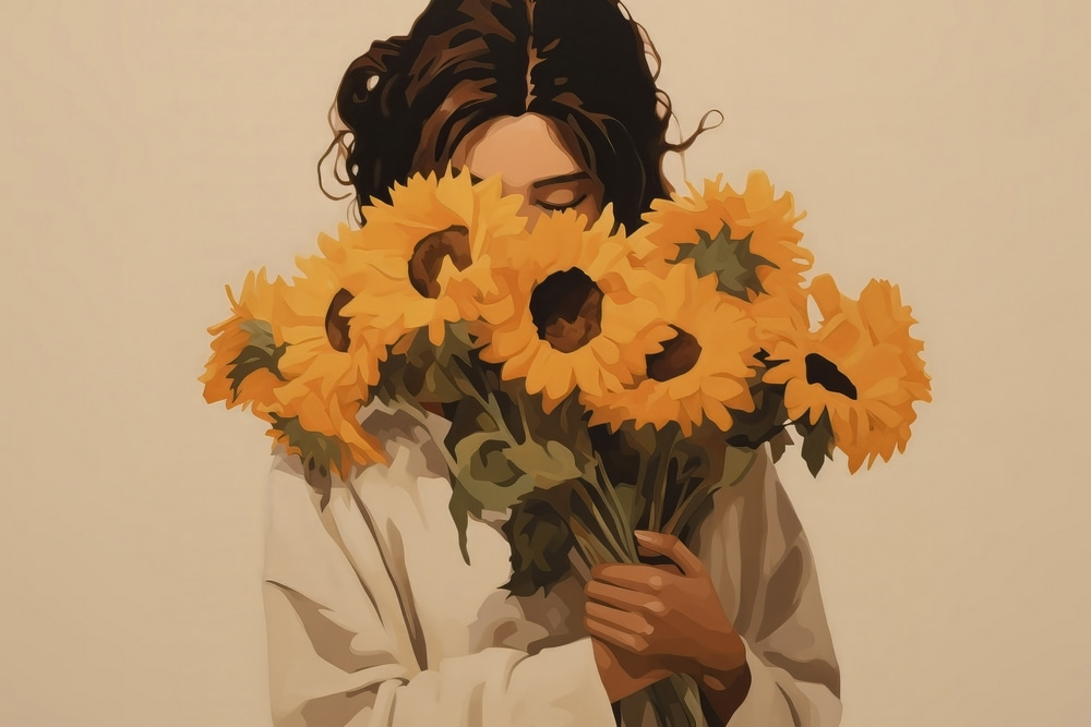 Woman holding a bouquet of sunflowers Woman holding a bouquet of sunflowers