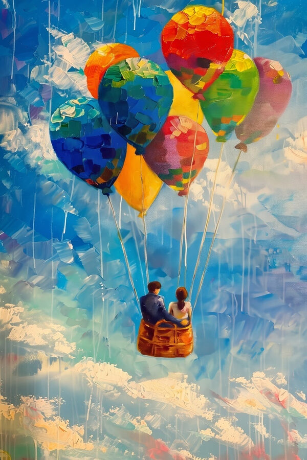 Peinture d'un couple dans un panier avec des ballons colorés Peinture d'un couple dans un panier avec des ballons colorés