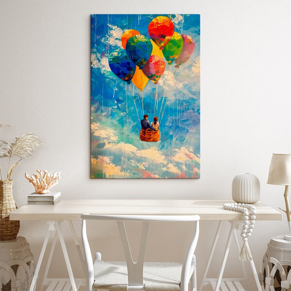 Peinture d'un couple dans un panier avec des ballons colorés Peinture d'un couple dans un panier avec des ballons colorés