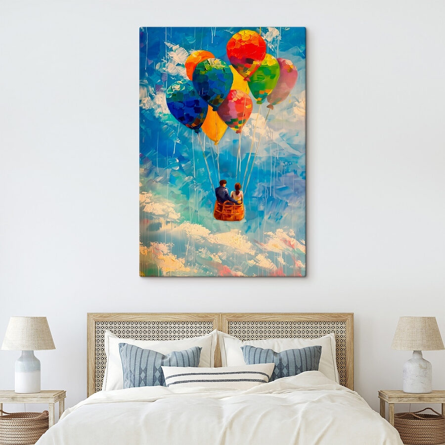 Peinture d'un couple dans un panier avec des ballons colorés