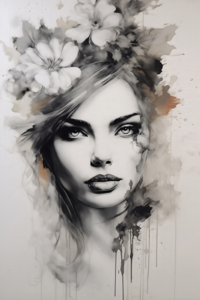 Peinture d'une femme avec des fleurs dans les cheveux