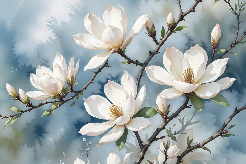 Group of white flowers on a tree branch Group of white flowers on a tree branch