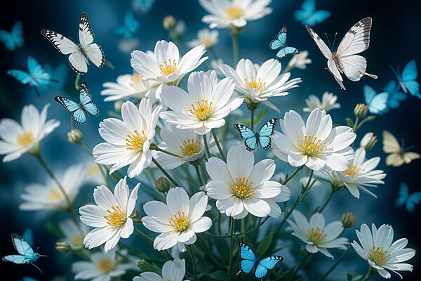 Groupe de papillons volant autour d'une fleur blanche Groupe de papillons volant autour d'une fleur blanche
