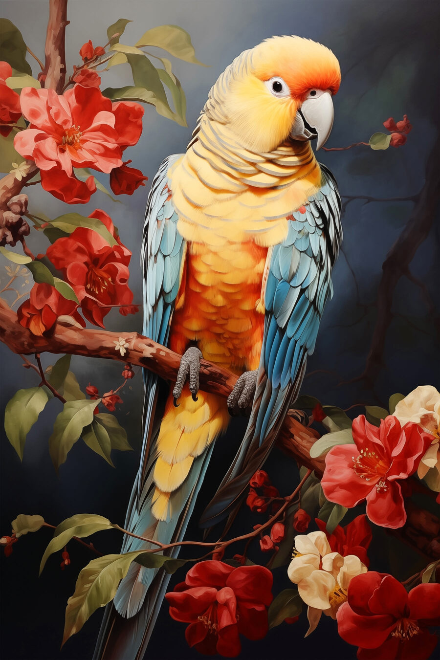 Oiseau coloré assis sur une branche avec des fleurs