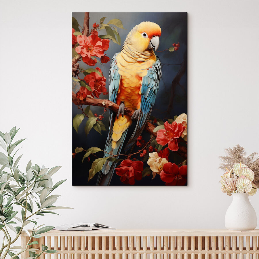 Oiseau coloré assis sur une branche avec des fleurs