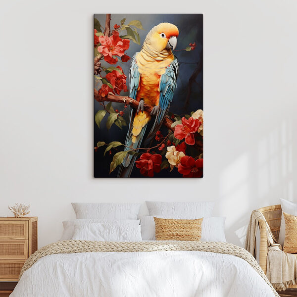 Oiseau coloré assis sur une branche avec des fleurs Oiseau coloré assis sur une branche avec des fleurs
