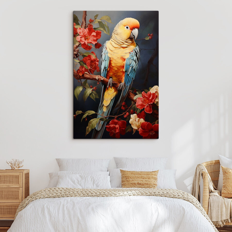 Oiseau coloré assis sur une branche avec des fleurs