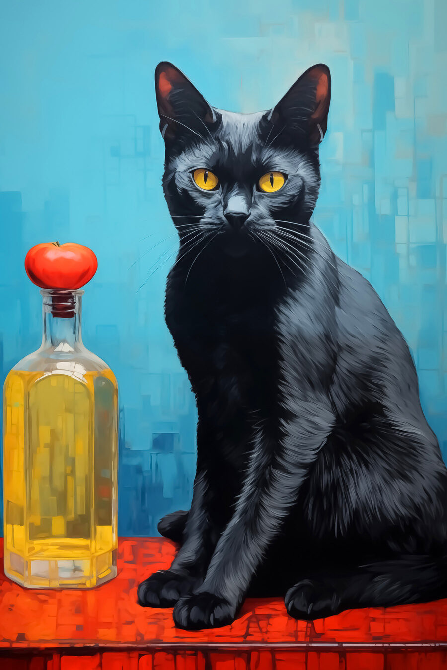 Chat noir assis à côté d'une bouteille de liquide