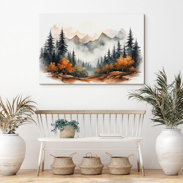Peinture d'une forêt et de montagnes Peinture d'une forêt et de montagnes