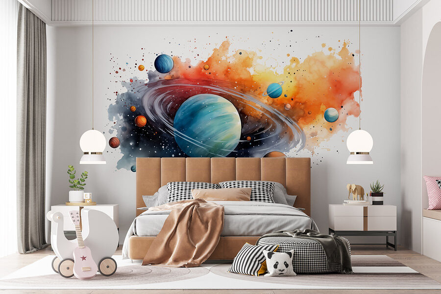 Papier peint Aquarelle de planètes et d'étoiles