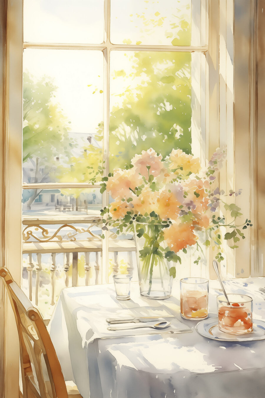 Aquarelle d'une table avec des fleurs et des verres