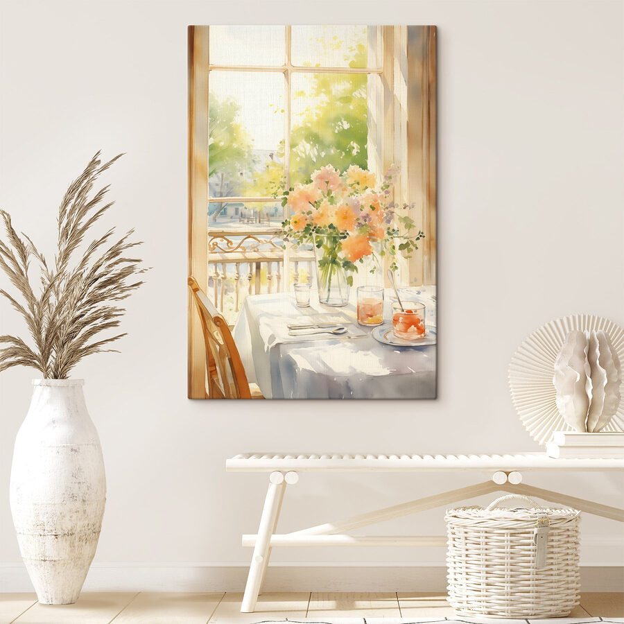 Aquarelle d'une table avec des fleurs et des verres