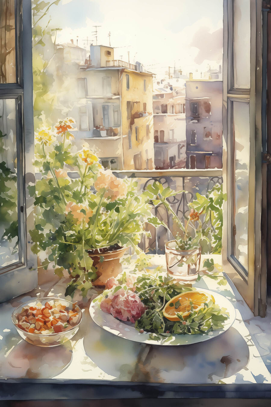 Watercolor painting of a table with food and flowers in front of a window Watercolor painting of a table with food and flowers in front of a window