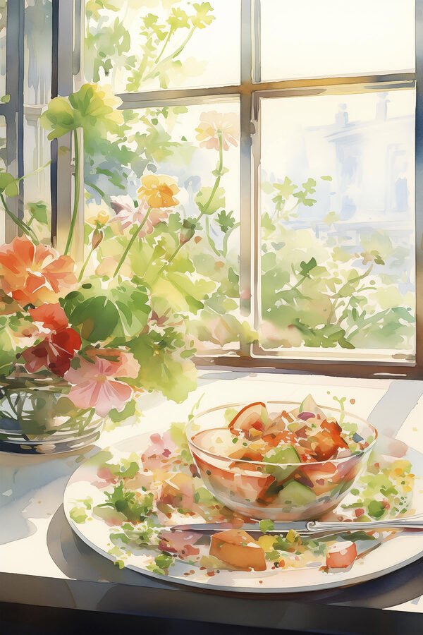 Peinture à l'aquarelle d'un bol de nourriture et de fleurs devant une fenêtre Peinture à l'aquarelle d'un bol de nourriture et de fleurs devant une fenêtre