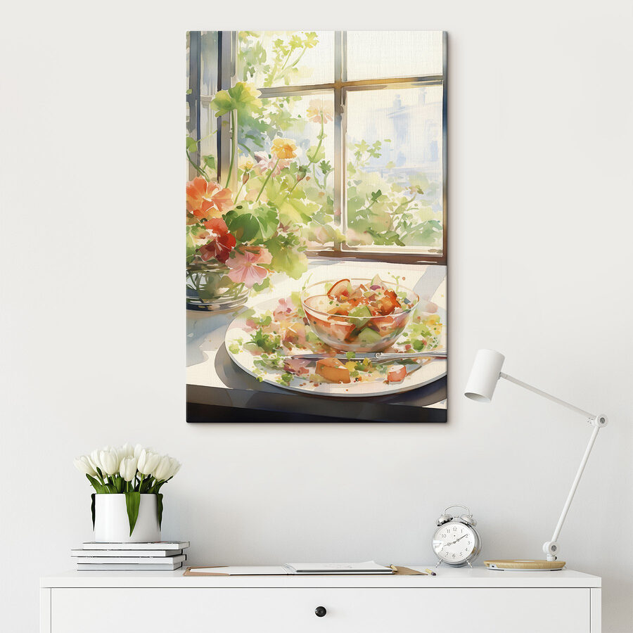 Peinture à l'aquarelle d'un bol de nourriture et de fleurs devant une fenêtre
