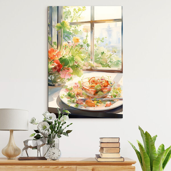 Peinture à l'aquarelle d'un bol de nourriture et de fleurs devant une fenêtre Peinture à l'aquarelle d'un bol de nourriture et de fleurs devant une fenêtre