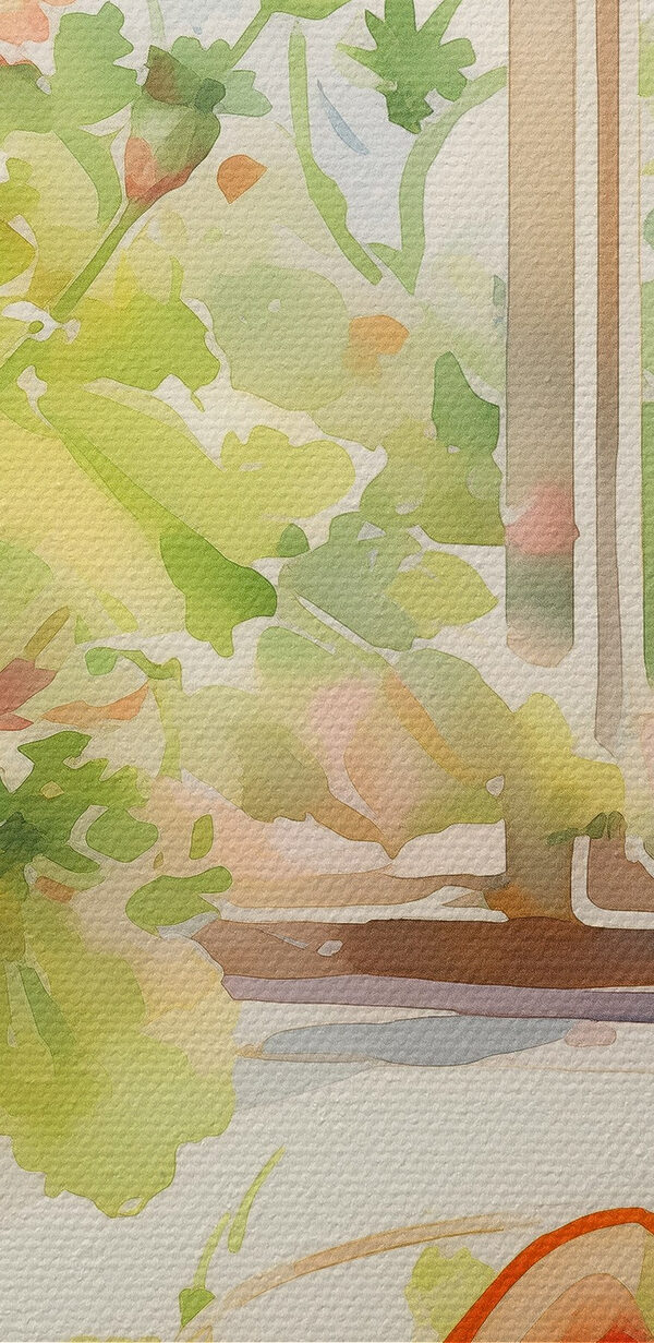 Peinture à l'aquarelle d'un bol de nourriture et de fleurs devant une fenêtre Peinture à l'aquarelle d'un bol de nourriture et de fleurs devant une fenêtre