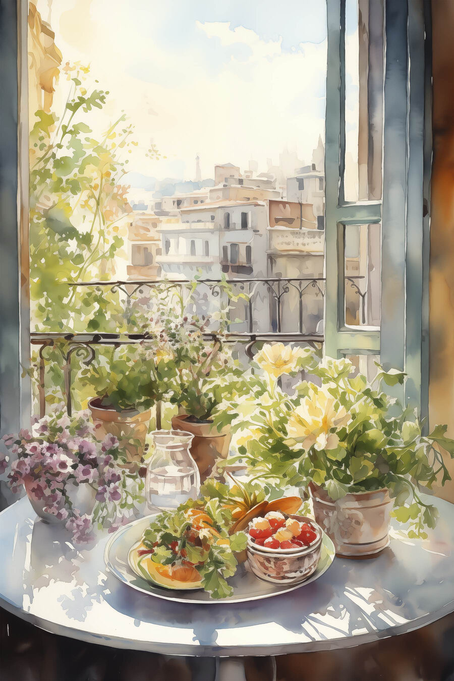 Aquarelle de fleurs et de fruits sur une table devant une fenêtre