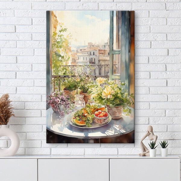 Aquarelle de fleurs et de fruits sur une table devant une fenêtre Aquarelle de fleurs et de fruits sur une table devant une fenêtre