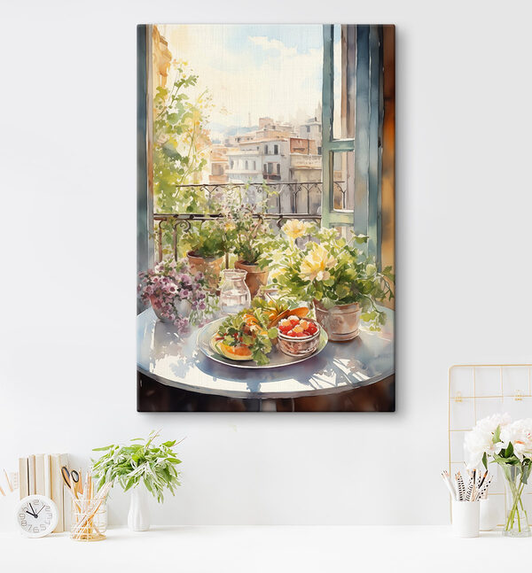 Aquarelle de fleurs et de fruits sur une table devant une fenêtre Aquarelle de fleurs et de fruits sur une table devant une fenêtre