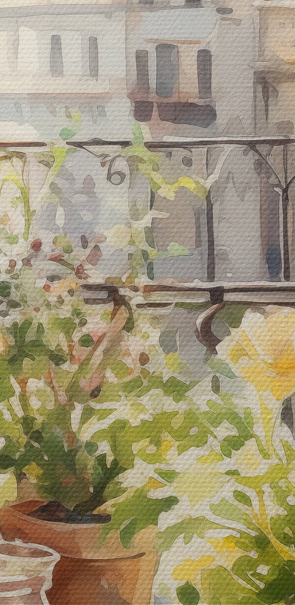 Aquarelle de fleurs et de fruits sur une table devant une fenêtre Aquarelle de fleurs et de fruits sur une table devant une fenêtre
