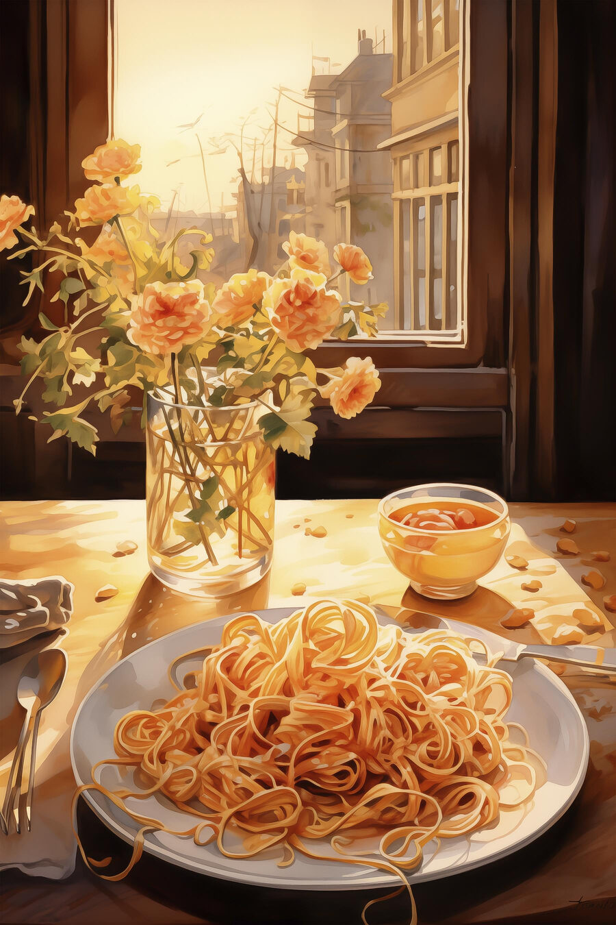 Assiette de pâtes et vase de fleurs Assiette de pâtes et vase de fleurs