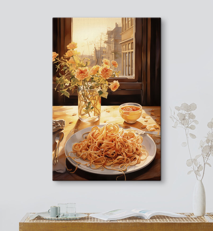 Assiette de pâtes et vase de fleurs Assiette de pâtes et vase de fleurs