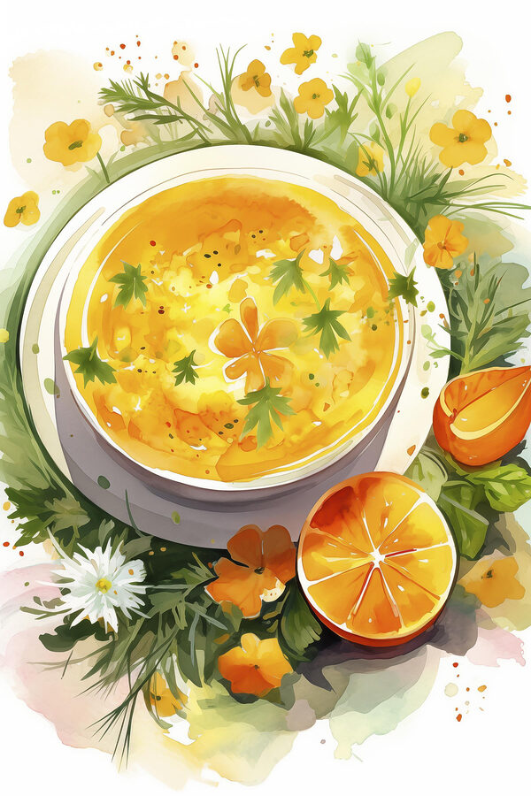 Bol de soupe orange avec fleurs et feuilles Bol de soupe orange avec fleurs et feuilles