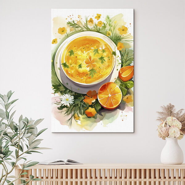 Bol de soupe orange avec fleurs et feuilles Bol de soupe orange avec fleurs et feuilles