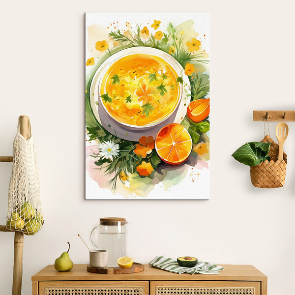 Bol de soupe orange avec fleurs et feuilles Bol de soupe orange avec fleurs et feuilles