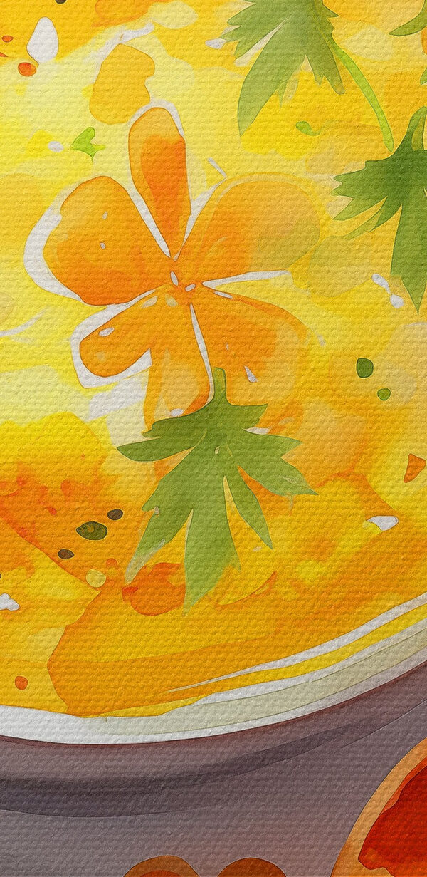 Bol de soupe orange avec fleurs et feuilles Bol de soupe orange avec fleurs et feuilles