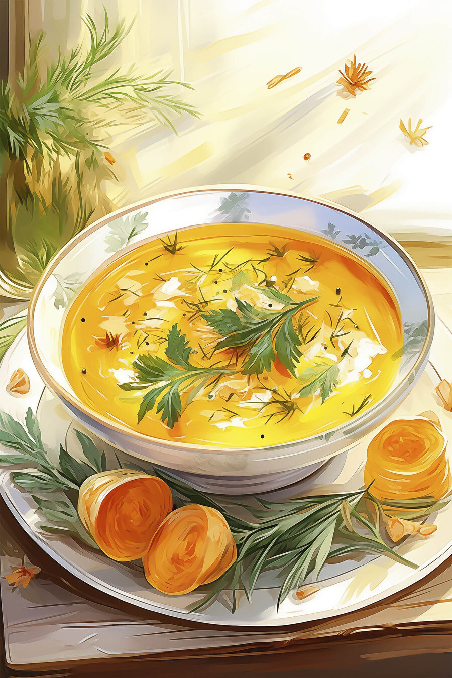 Bol de soupe avec des légumes verts sur une assiette