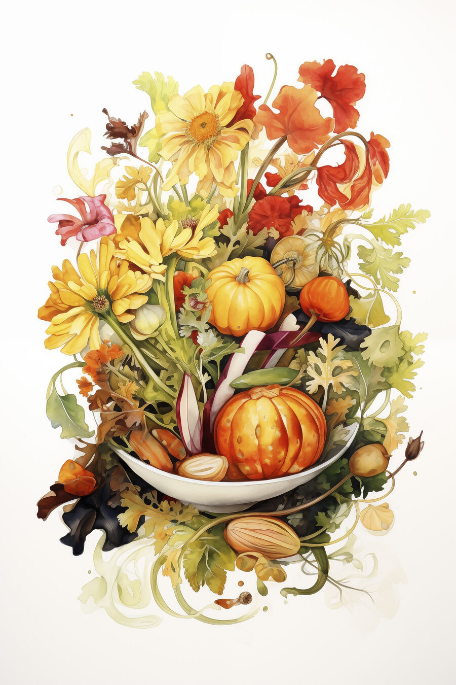 Aquarelle de légumes et de fleurs