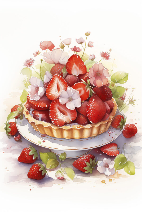Aquarelle d'une tarte avec des fraises et des fleurs Aquarelle d'une tarte avec des fraises et des fleurs