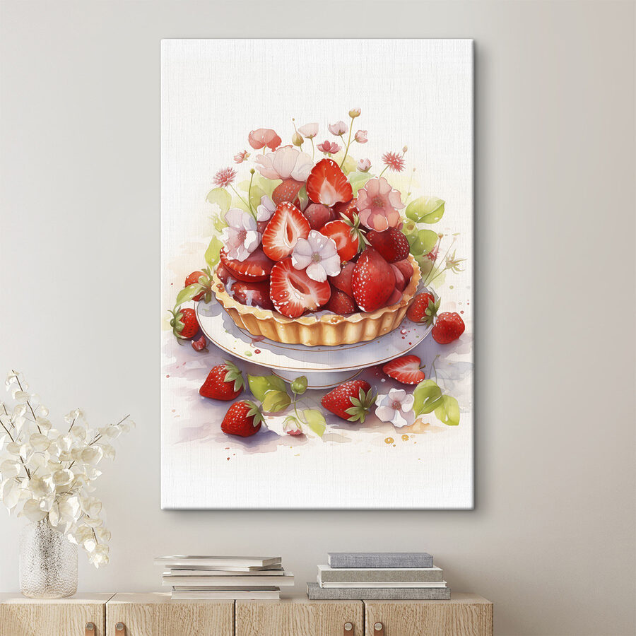 Aquarelle d'une tarte avec des fraises et des fleurs