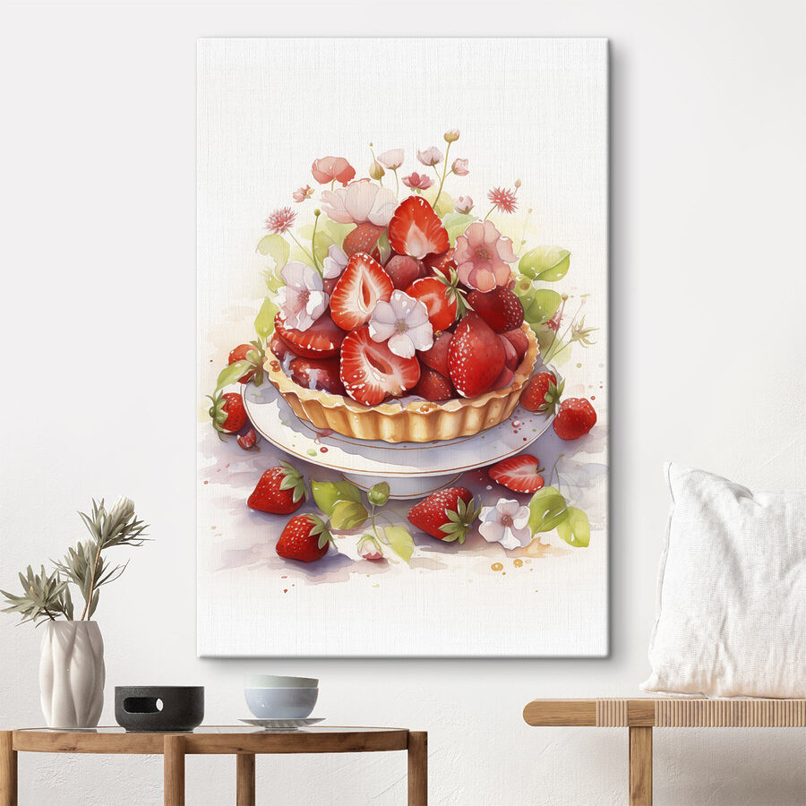 Aquarelle d'une tarte avec des fraises et des fleurs