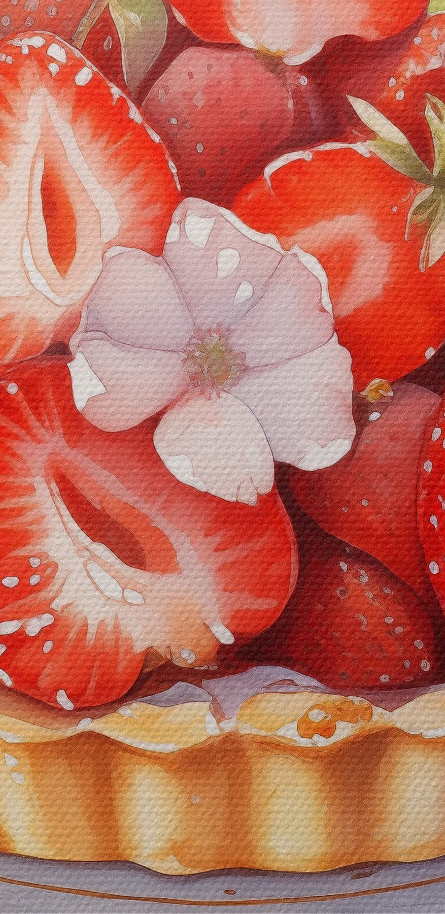 Aquarelle d'une tarte avec des fraises et des fleurs