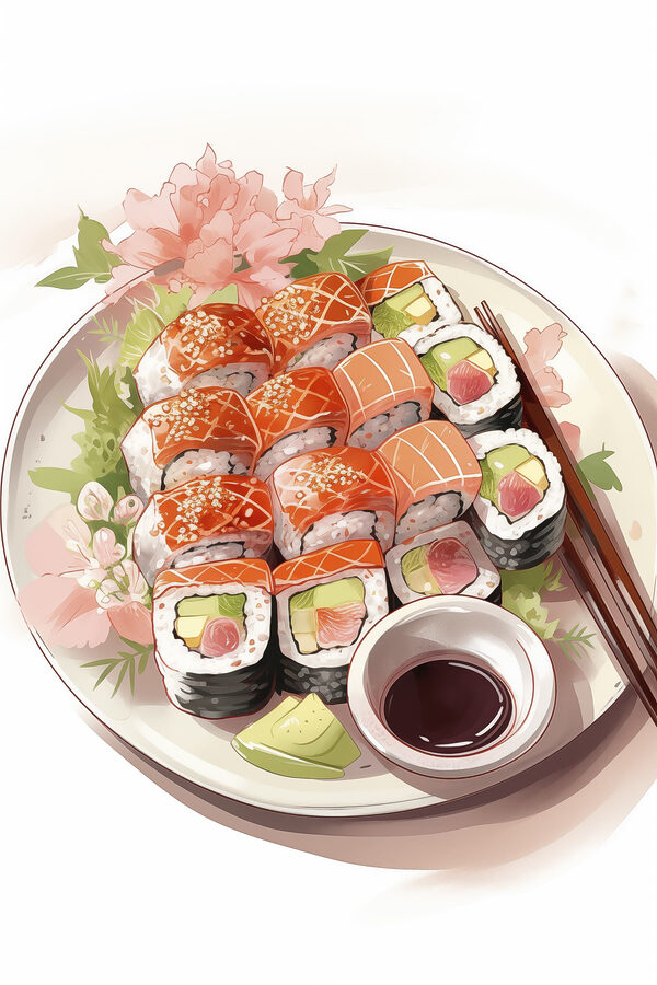 Assiette de sushis avec baguettes Assiette de sushis avec baguettes