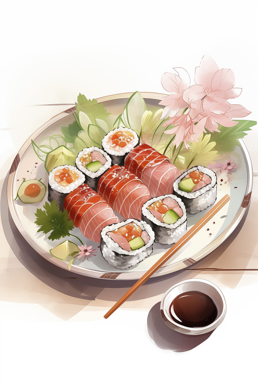 Assiette de sushis avec sauce et fleurs Assiette de sushis avec sauce et fleurs