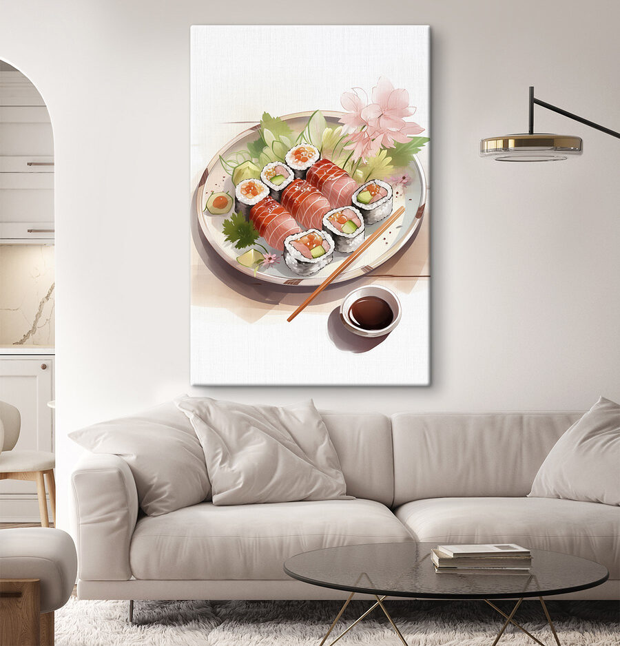 Assiette de sushis avec sauce et fleurs Assiette de sushis avec sauce et fleurs