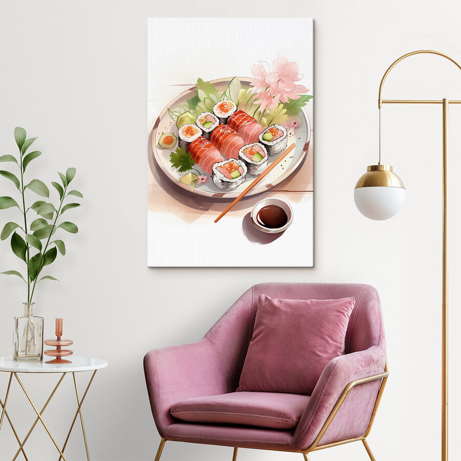Assiette de sushis avec sauce et fleurs Assiette de sushis avec sauce et fleurs