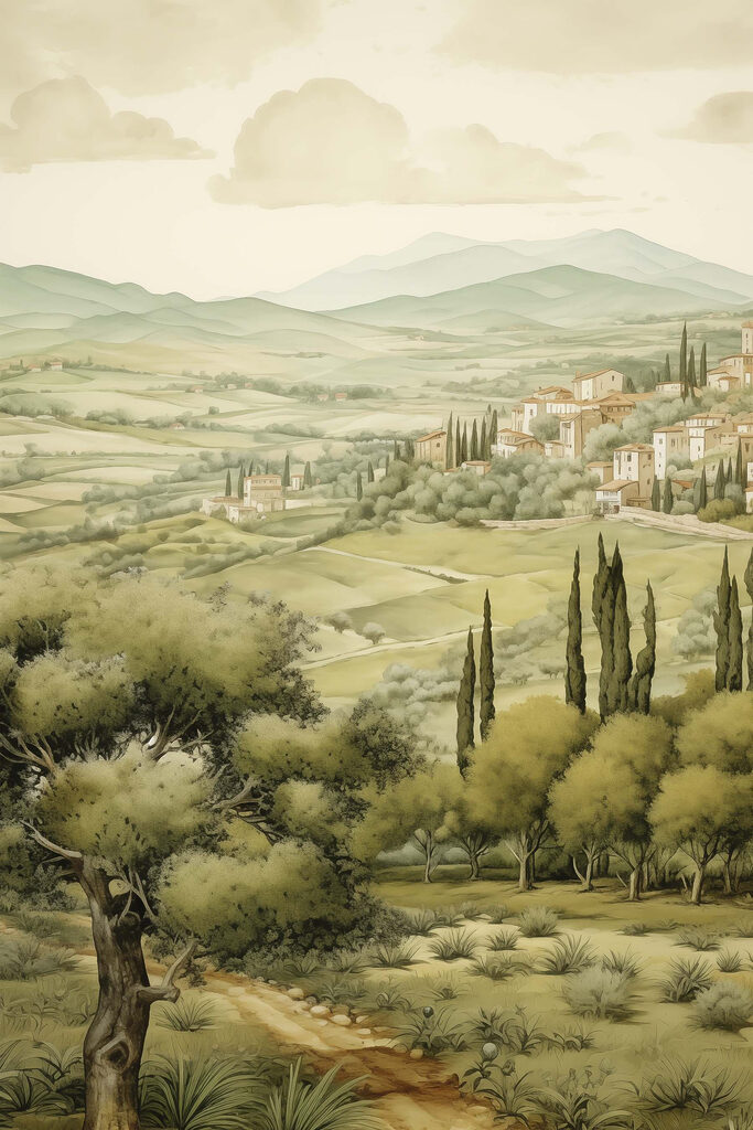 Landscape with trees and buildings