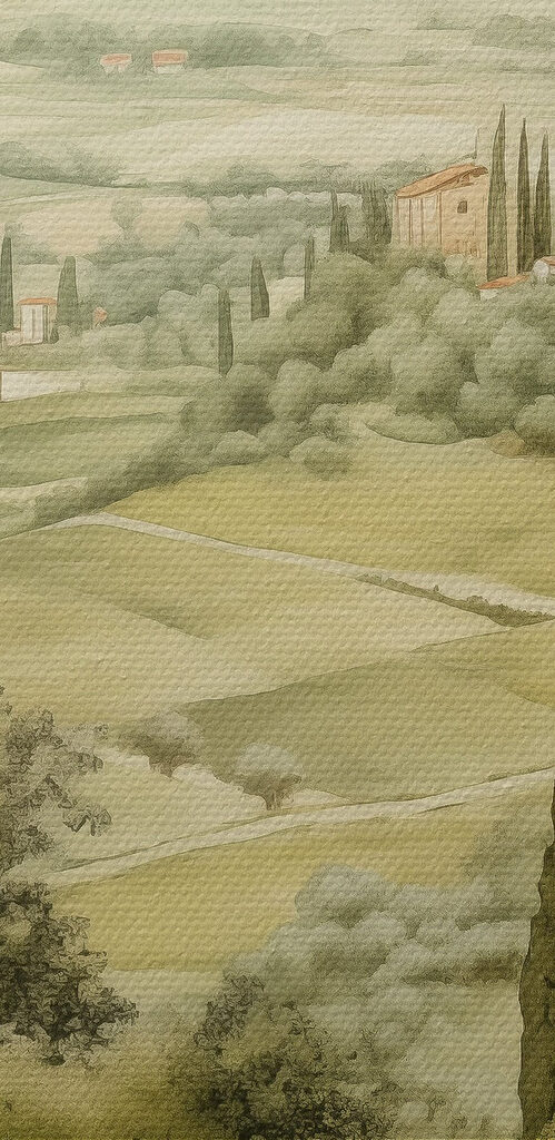 Landscape with trees and buildings