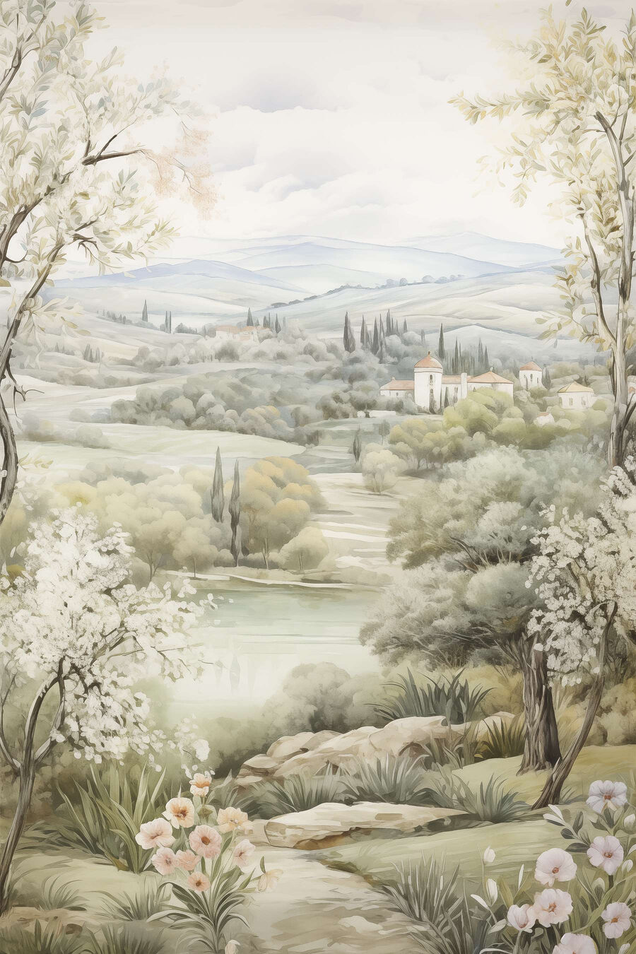 Peinture d'un paysage avec des arbres et une rivière