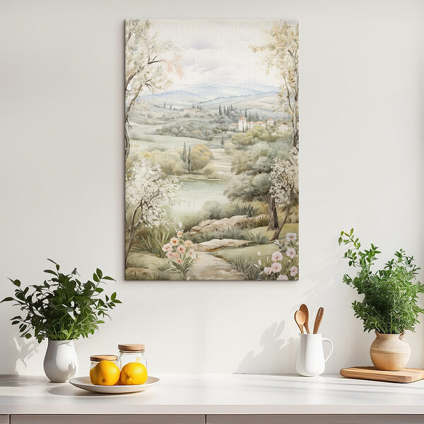 Peinture d'un paysage avec des arbres et une rivière Peinture d'un paysage avec des arbres et une rivière