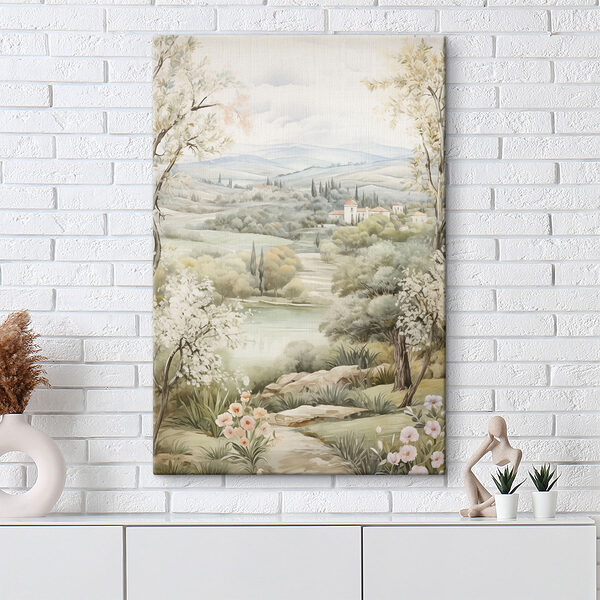 Peinture d'un paysage avec des arbres et une rivière Peinture d'un paysage avec des arbres et une rivière