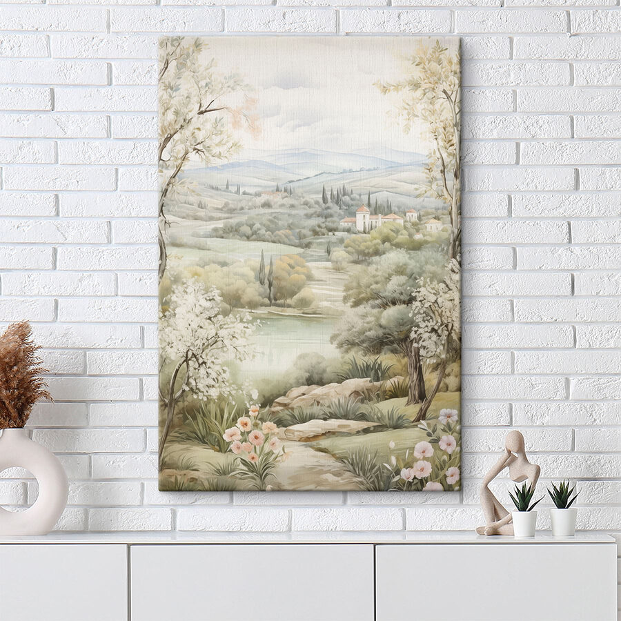 Peinture d'un paysage avec des arbres et une rivière